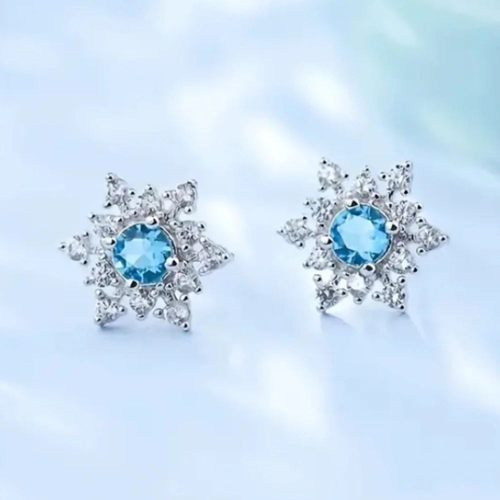 Diamond & Bright Blue Aquamarine Starburst Silver Toned Stud Earrings - Picture 7 of 7
